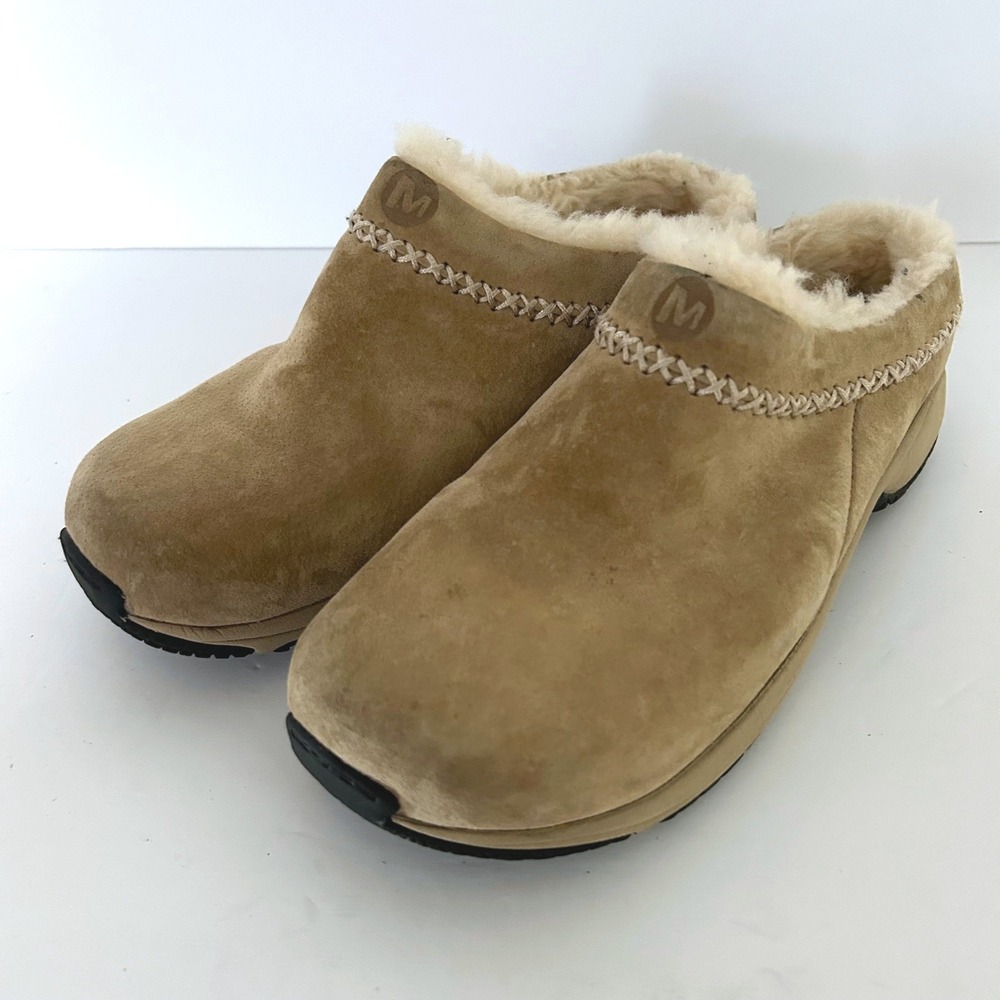 Merrell Encore Ice Clogs Women Size 7.5 Tan Suede Shearling Mules Slip On Shoes